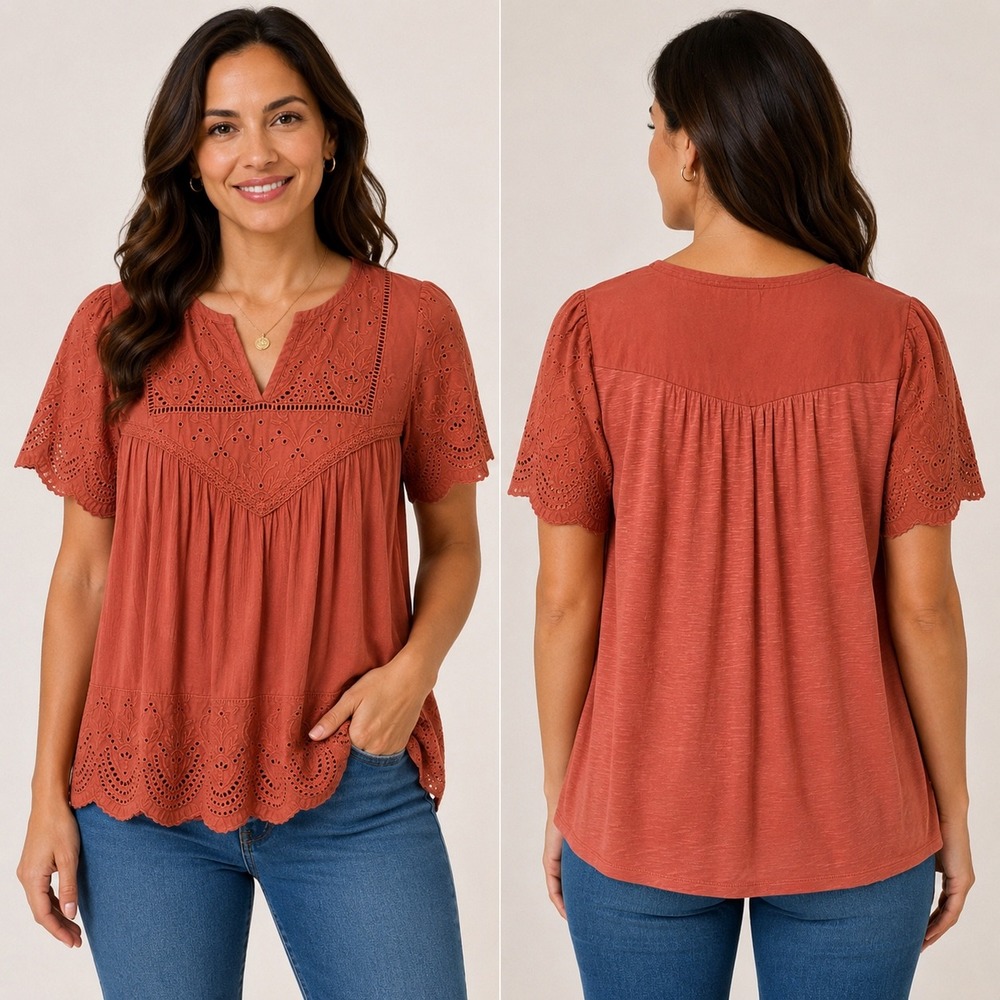 Knox Rose Womens XS Rust Orange‎ Eyelet Embroidered Boho Peasant Top Blouse